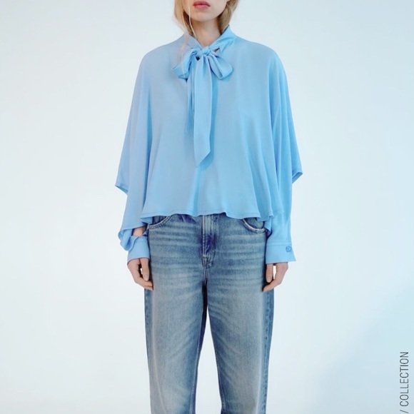 Zara Blue Flowy Cape Sleeve Blouse Size S NWT - Picture 8 of 9